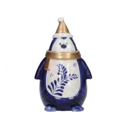 Pinguino con berretto in stoneware blu e oro Rituali Domestici
