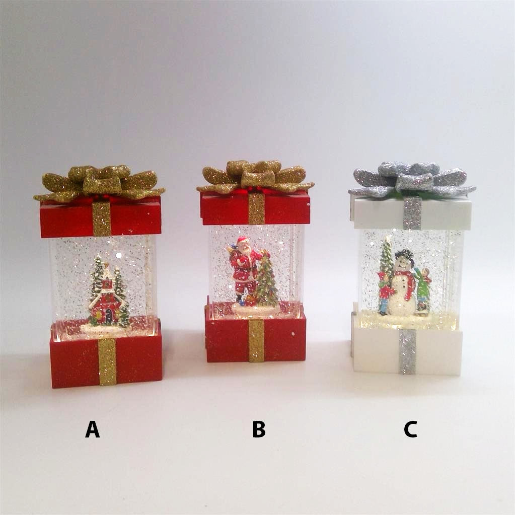 Spinning Giftbox Watersnowing - 3Ass Red/Gold + White/Silver-Battery- Led-10X10X17 Timstor