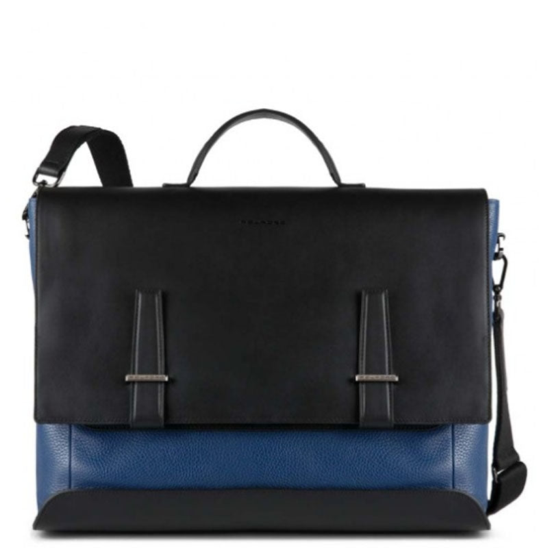 Cartella In Pelle Con Patta Nera E Blu Piquadro