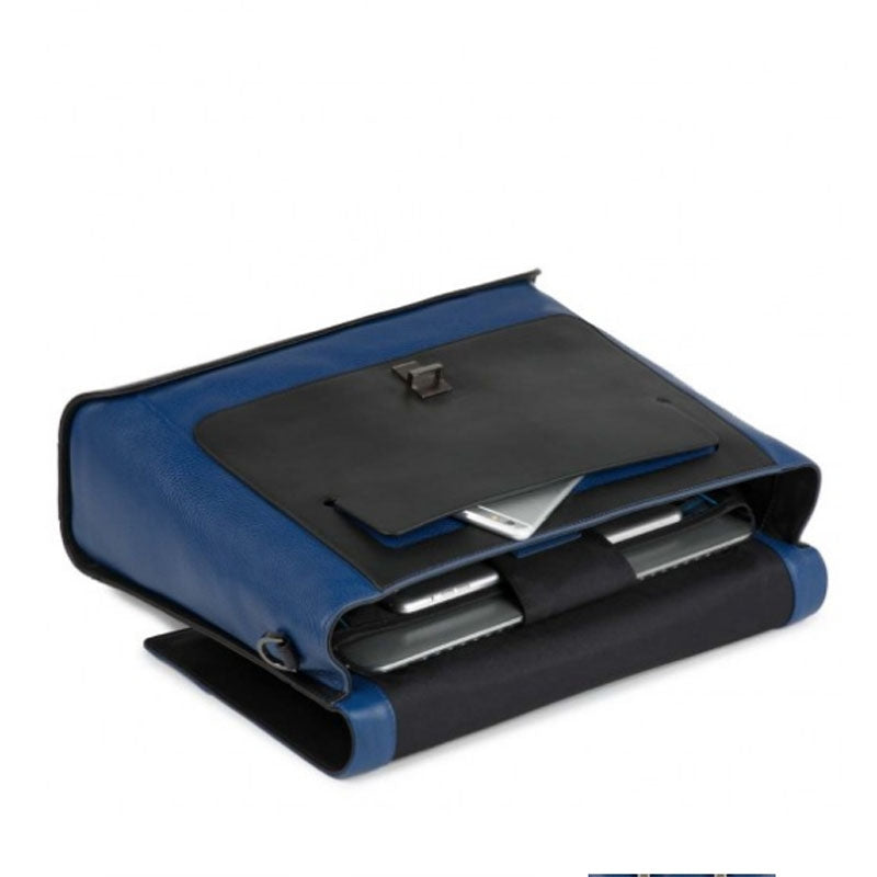 Cartella In Pelle Con Patta Nera E Blu Piquadro