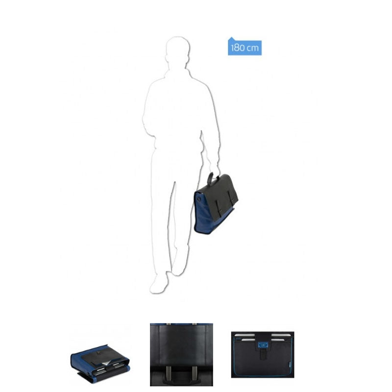 Cartella In Pelle Con Patta Nera E Blu Piquadro