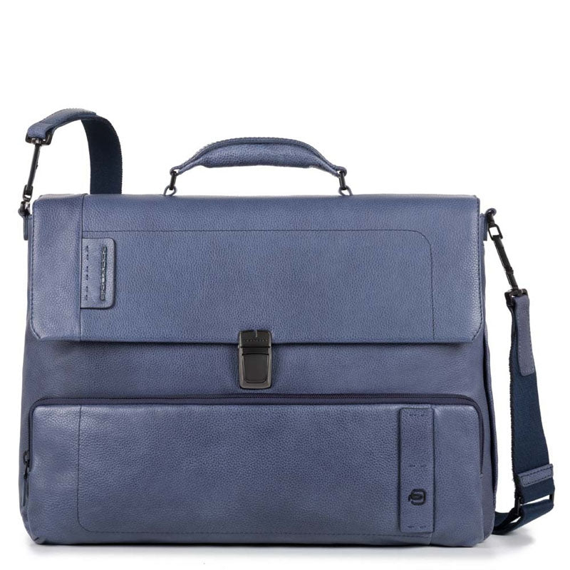 Cartella Con Patta E Tasca Frontale In Pelle Blu Piquadro