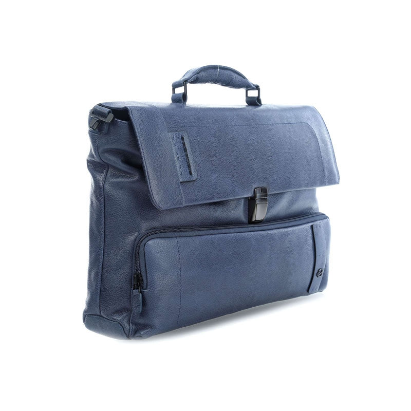 Cartella Con Patta E Tasca Frontale In Pelle Blu Piquadro