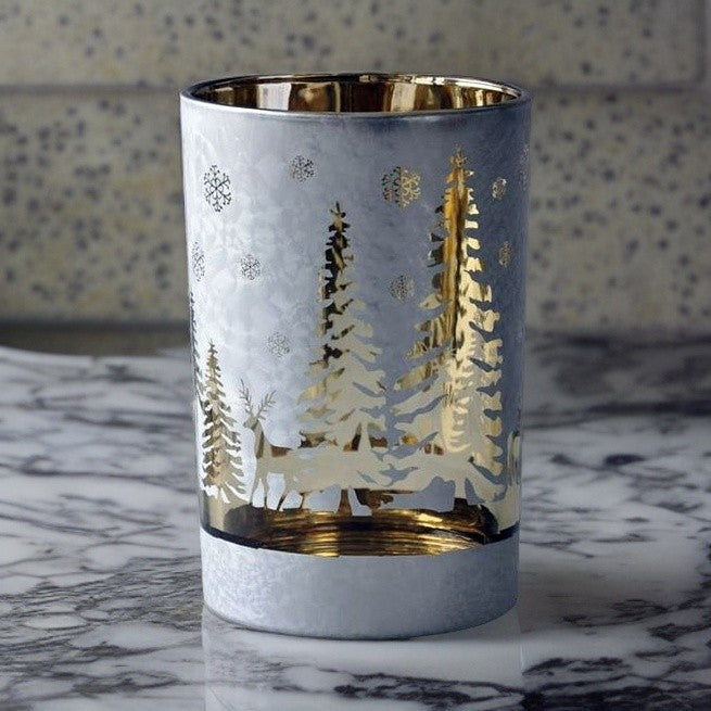 Tealight Deers/Trees 12/H.18Cm Frosty-Gold Cor Mulder
