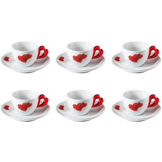 Set 6 Tazzine Caffe C/Piattino Love Rosso Trasparente Guzzini