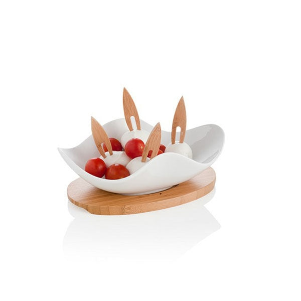 Antipastiera Nuvola Porc Bianca C/Supp E 4 Forch Bamboo Brandani