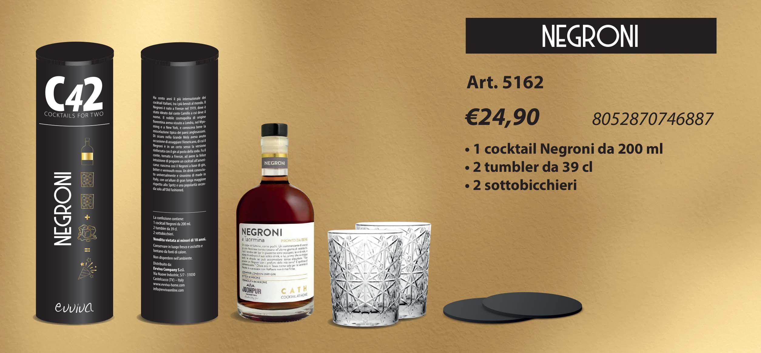 Set Cocktail Per Due, 2 Bicchieri, 2 Sottobicchieri, 2 Dosi Negroni C42 Evviva Evviva