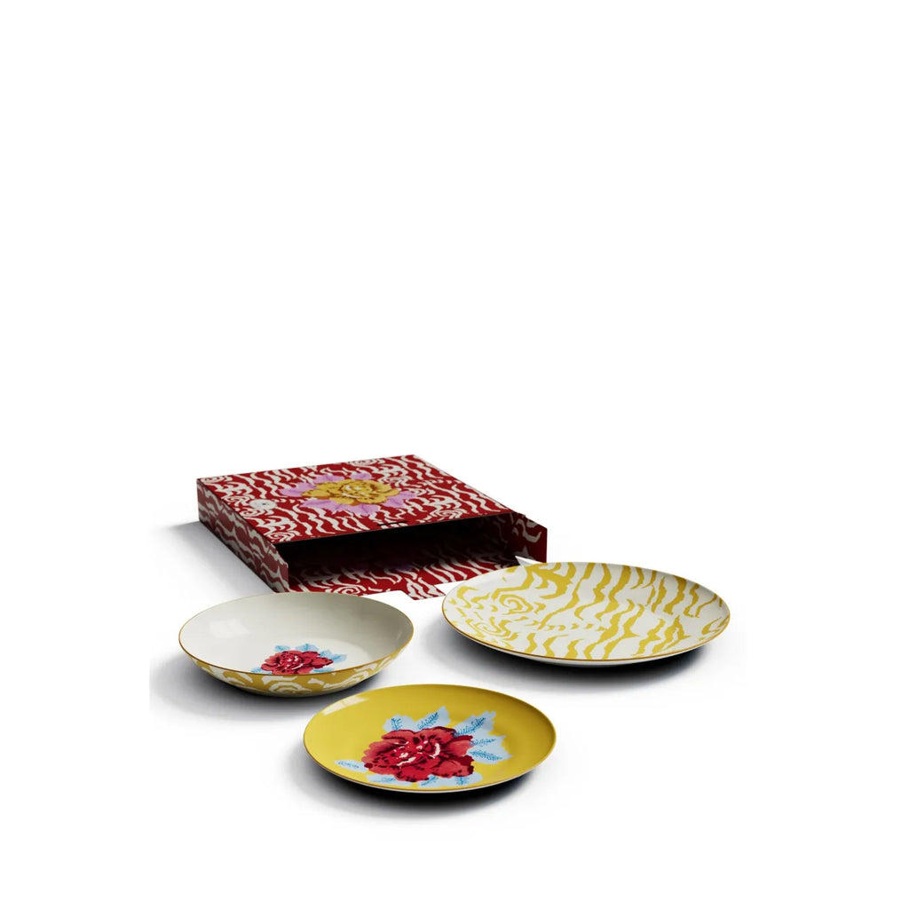 Table Set Plate X 3 Porcelain Indian Tiger Red Unica Lisa Corti