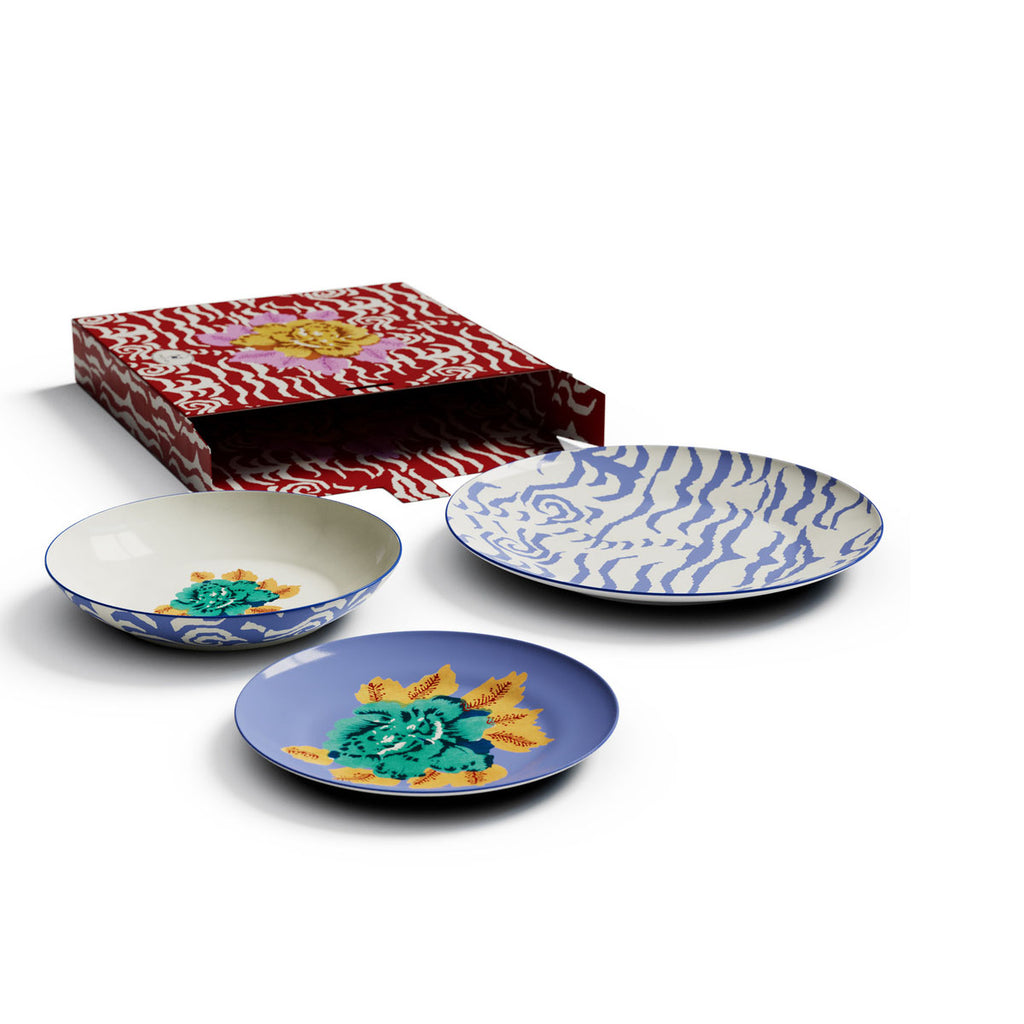 Table Set Plate 3X Porcelain Indian Tiger Pervinch Unica Lisa Corti