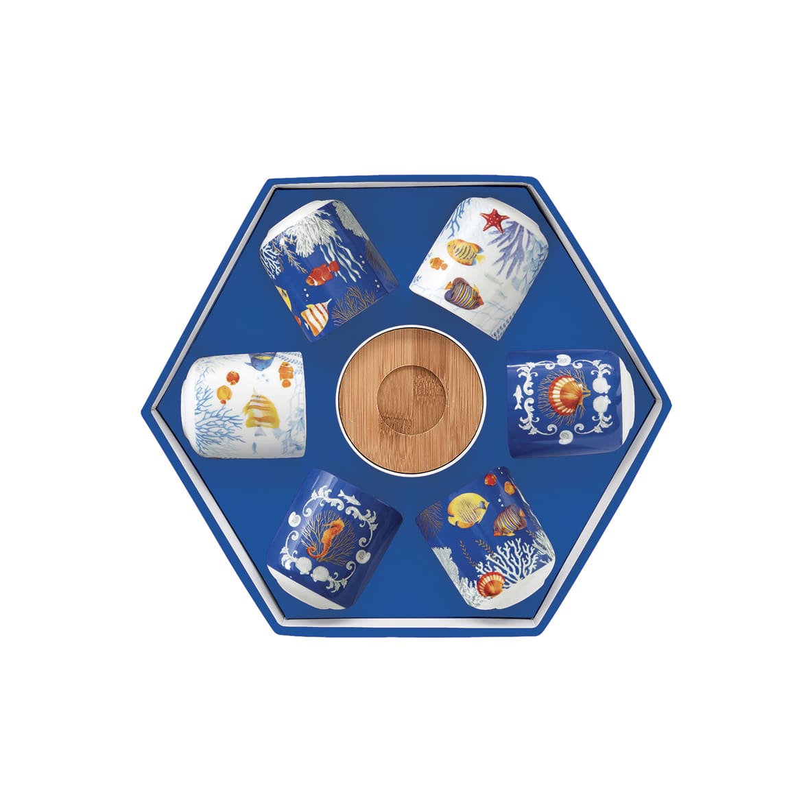Set 6 Tazzine Con Piattini In Bamboo In Gift Box Aquarium Easy Life