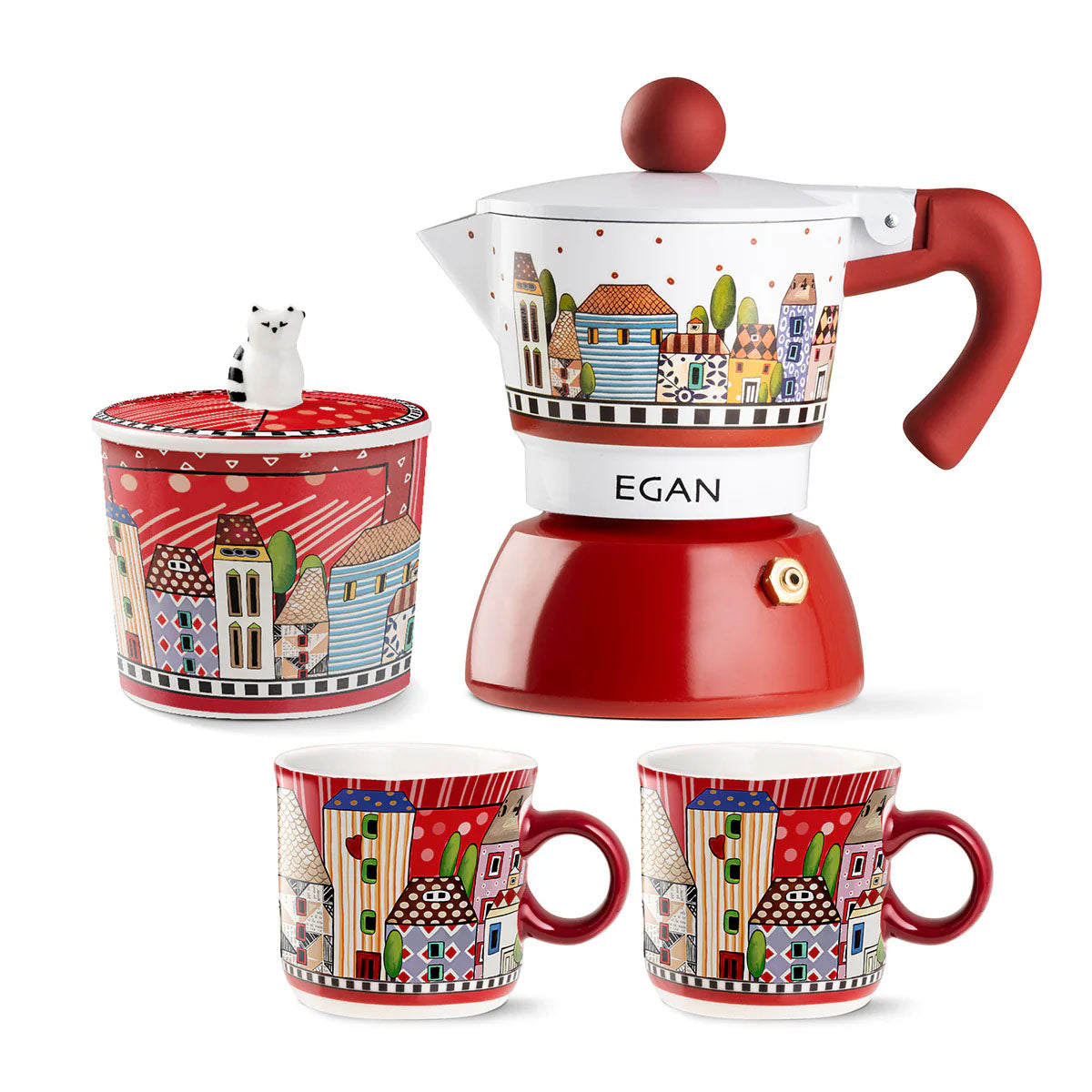 Set Moka 2 Cps + 2 Minimug + Zuccheriera Paese Mio Rosso Egan