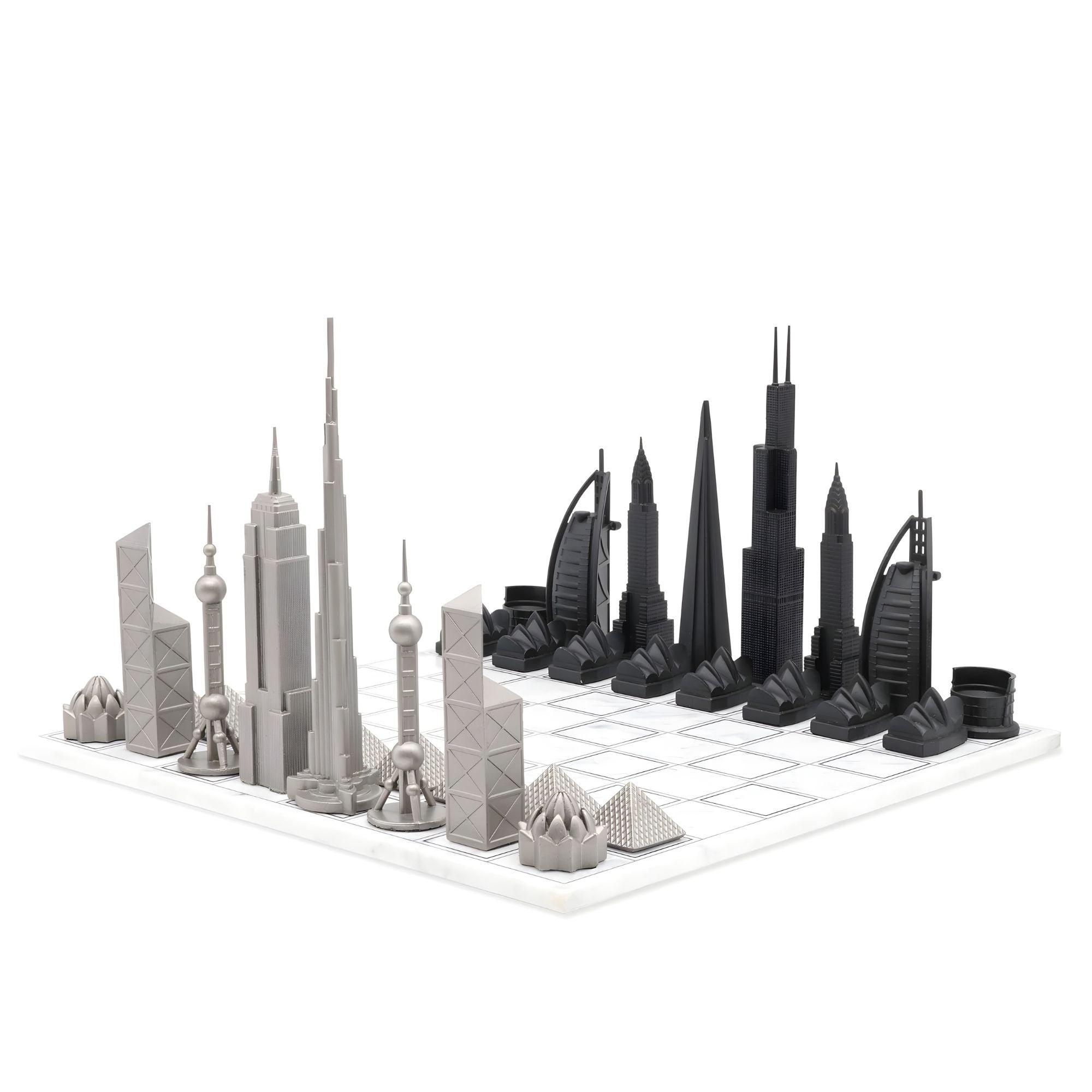 Stainless Steel World Icons Edition (with marble grid board) Skyline Chess