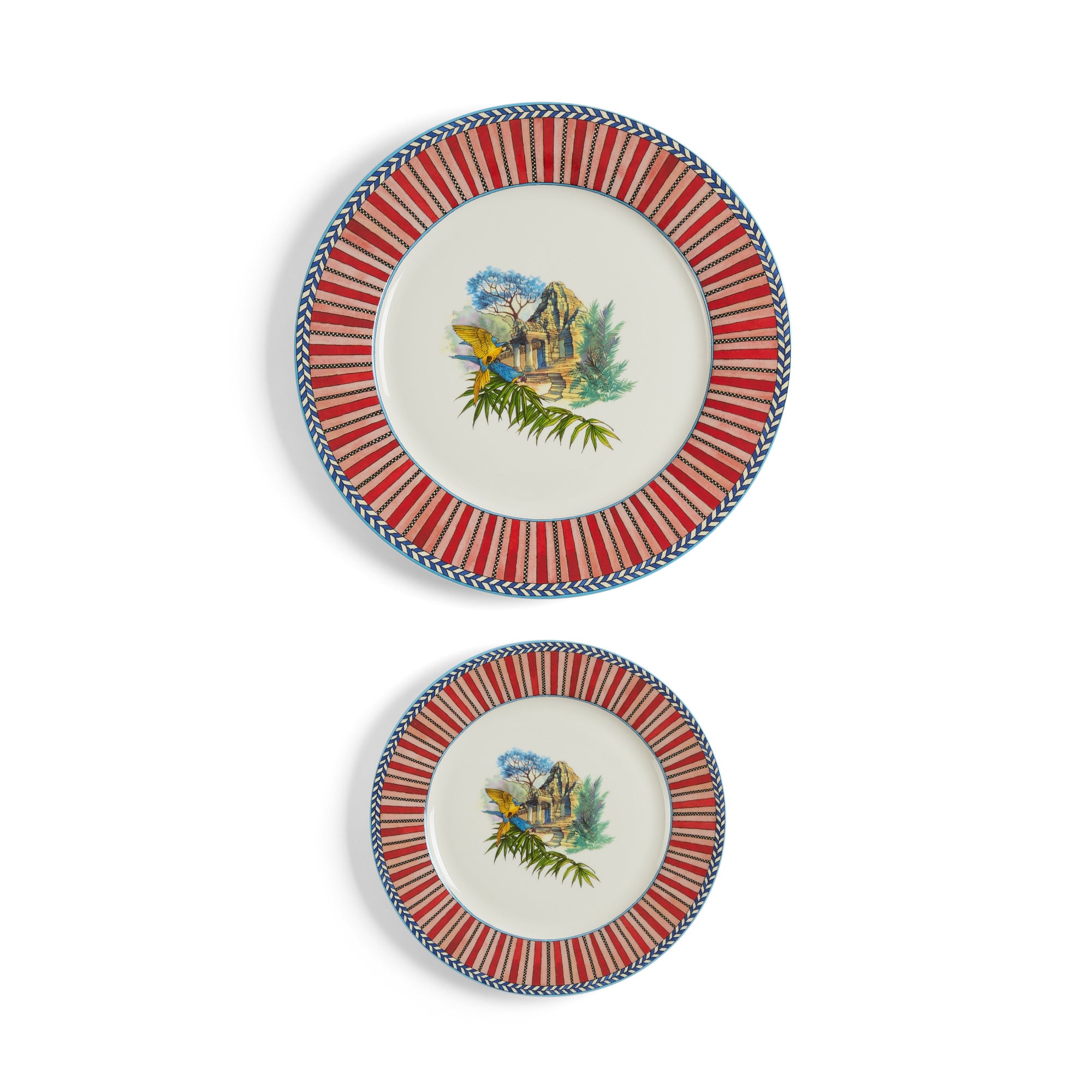 Porcelain Set Plate Of 2 Jungle Parrot Red Lisa Corti