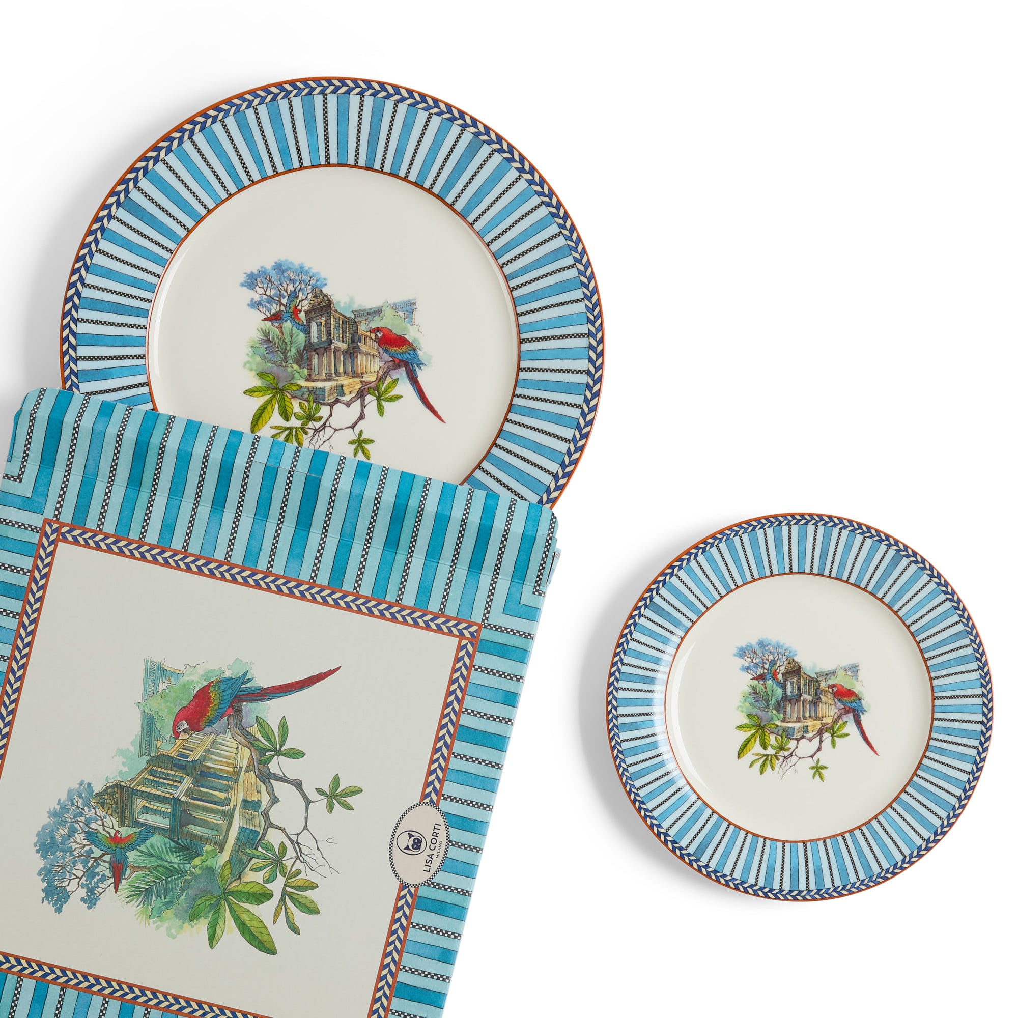 Set Di 2 Piatti In Porcellana Jungle Parrot Blue Lisa Corti