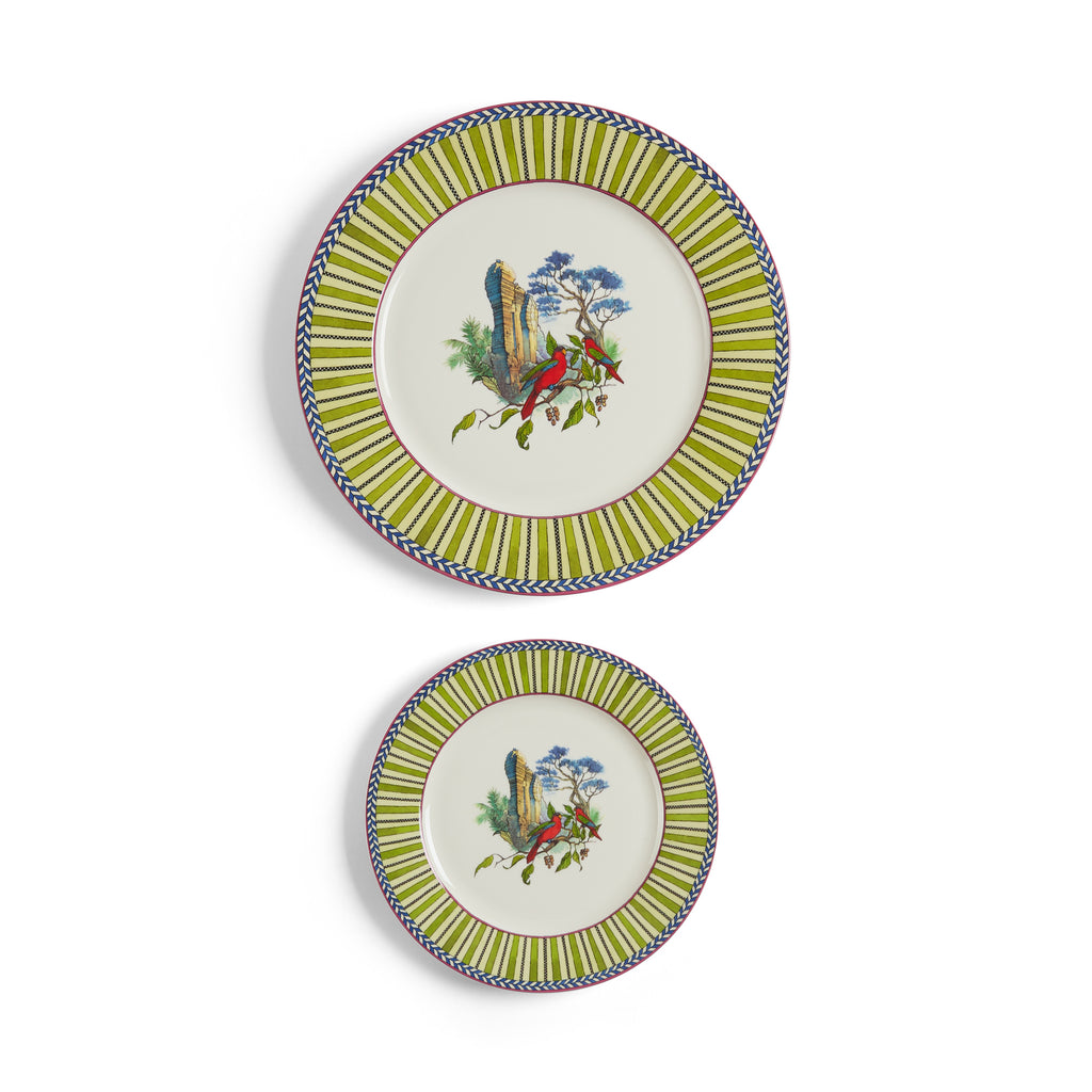 Porcelain Set Plate Of 2 Jungle Parrot Green Lisa Corti