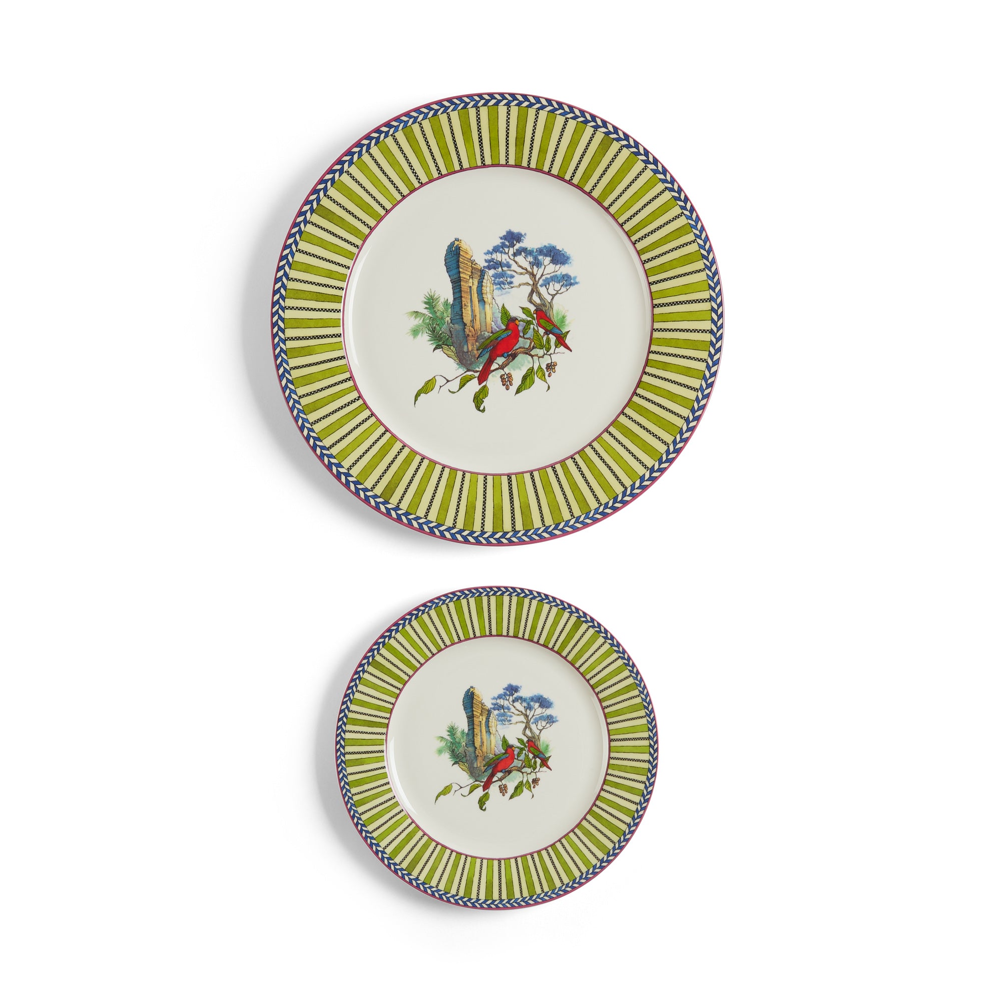 Porcelain Set Plate Of 2 Jungle Parrot Green Lisa Corti