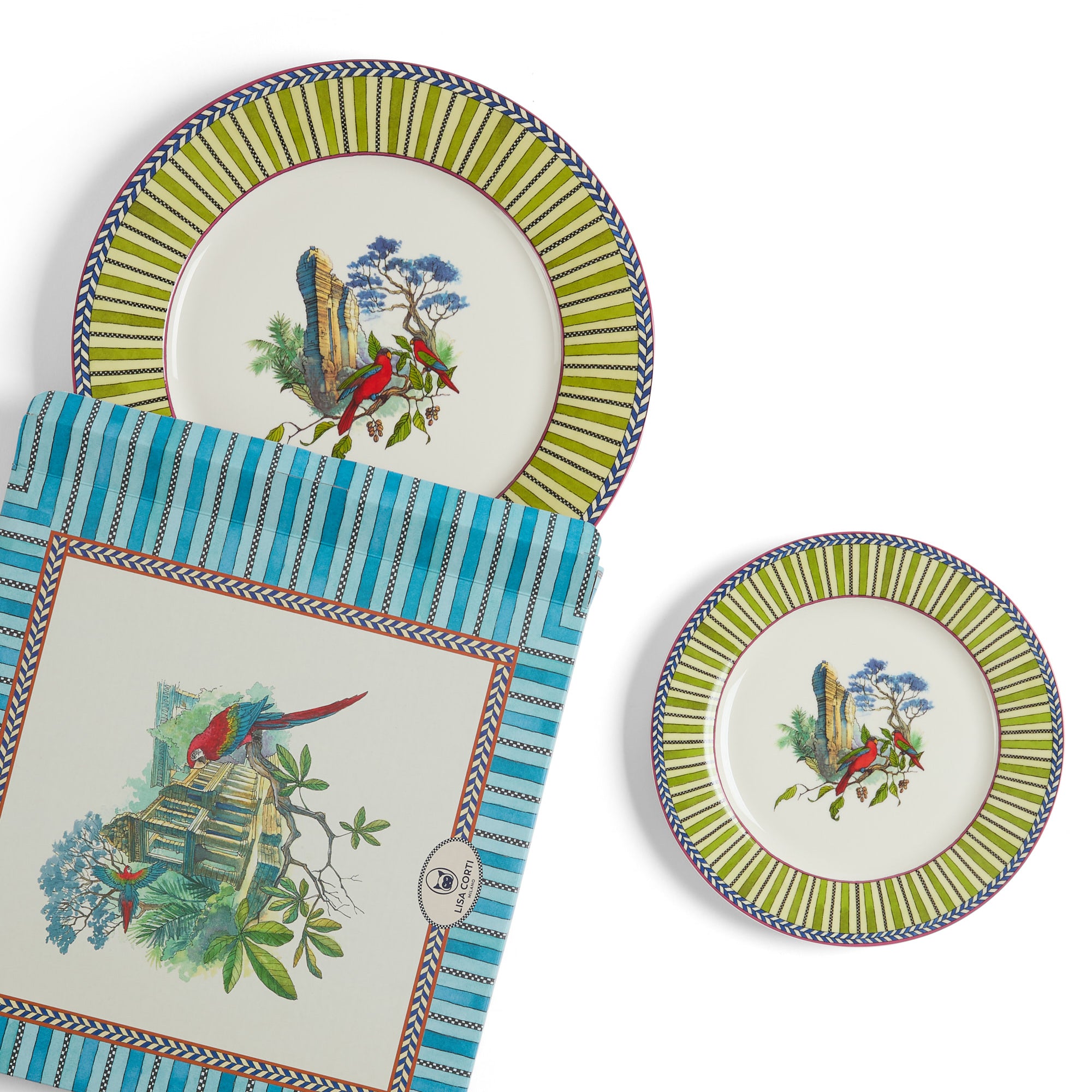 Porcelain Set Plate Of 2 Jungle Parrot Green Lisa Corti